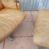 Mid-century vintage high back leather Swivel Armchair with Ottoman, 1970s