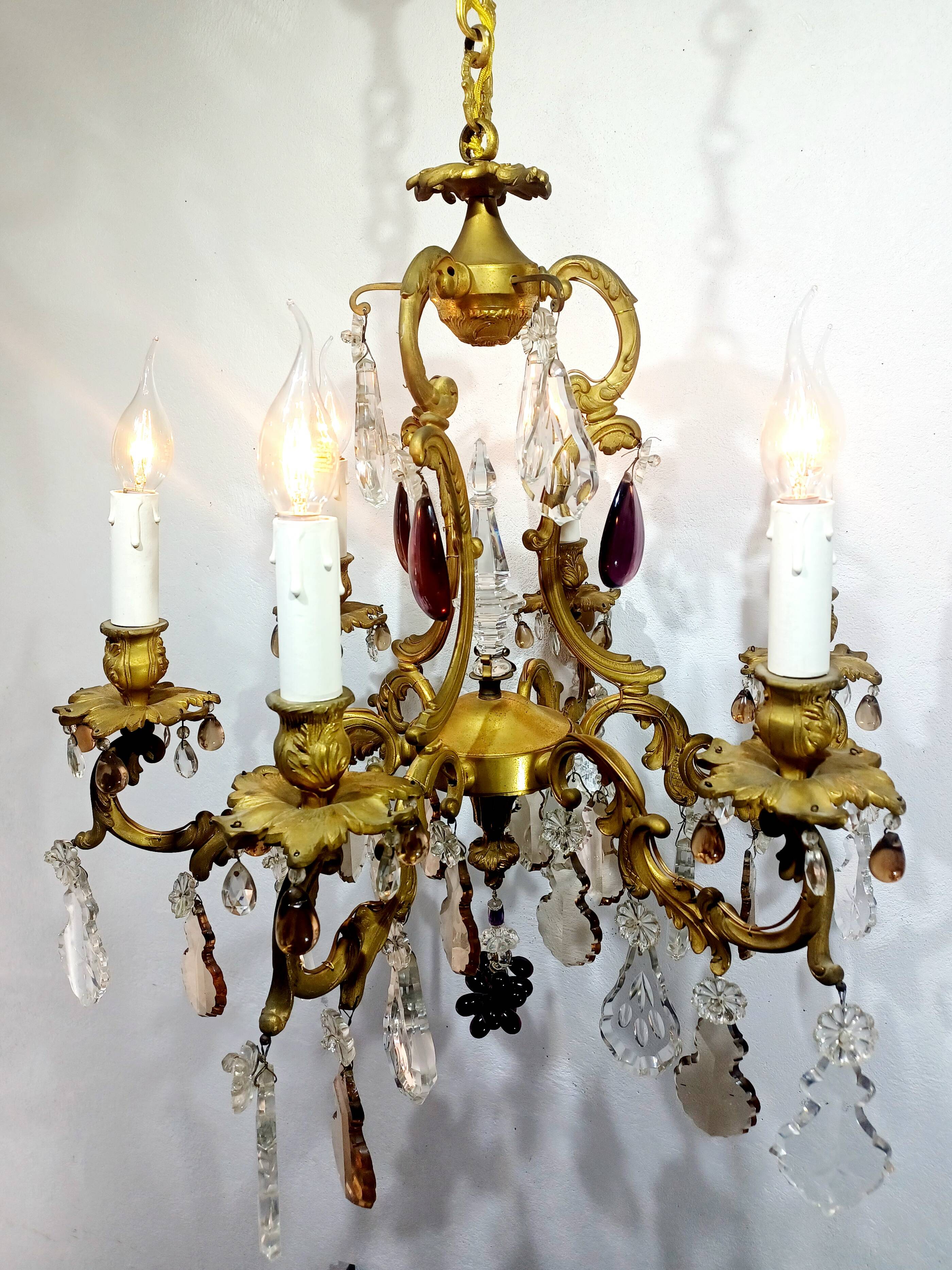 6-light bronze and crystal chandelier