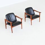 Paire de fauteuils scandinaves en teck et cuir Westnofa Norvège 1960