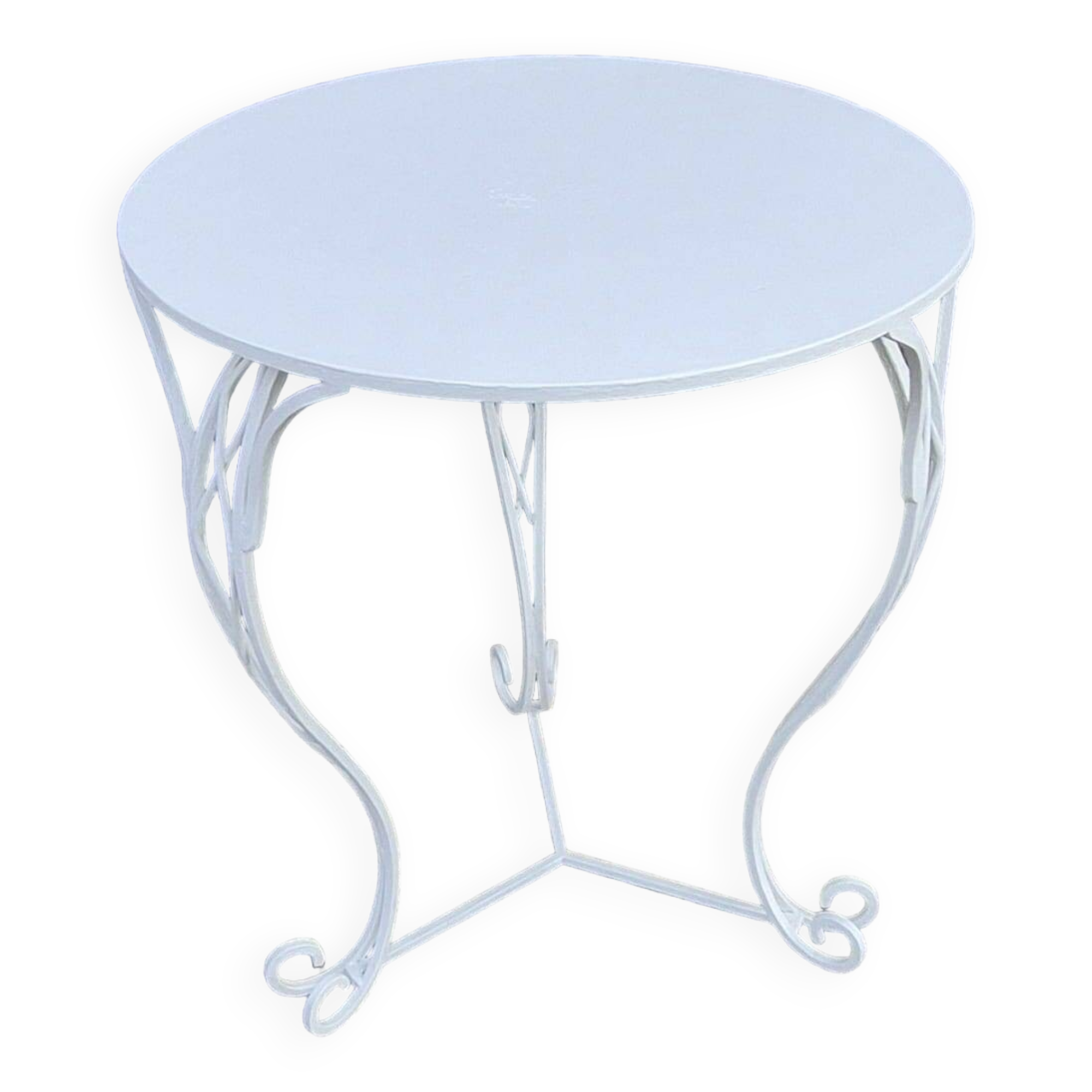 Round white wrought iron garden table