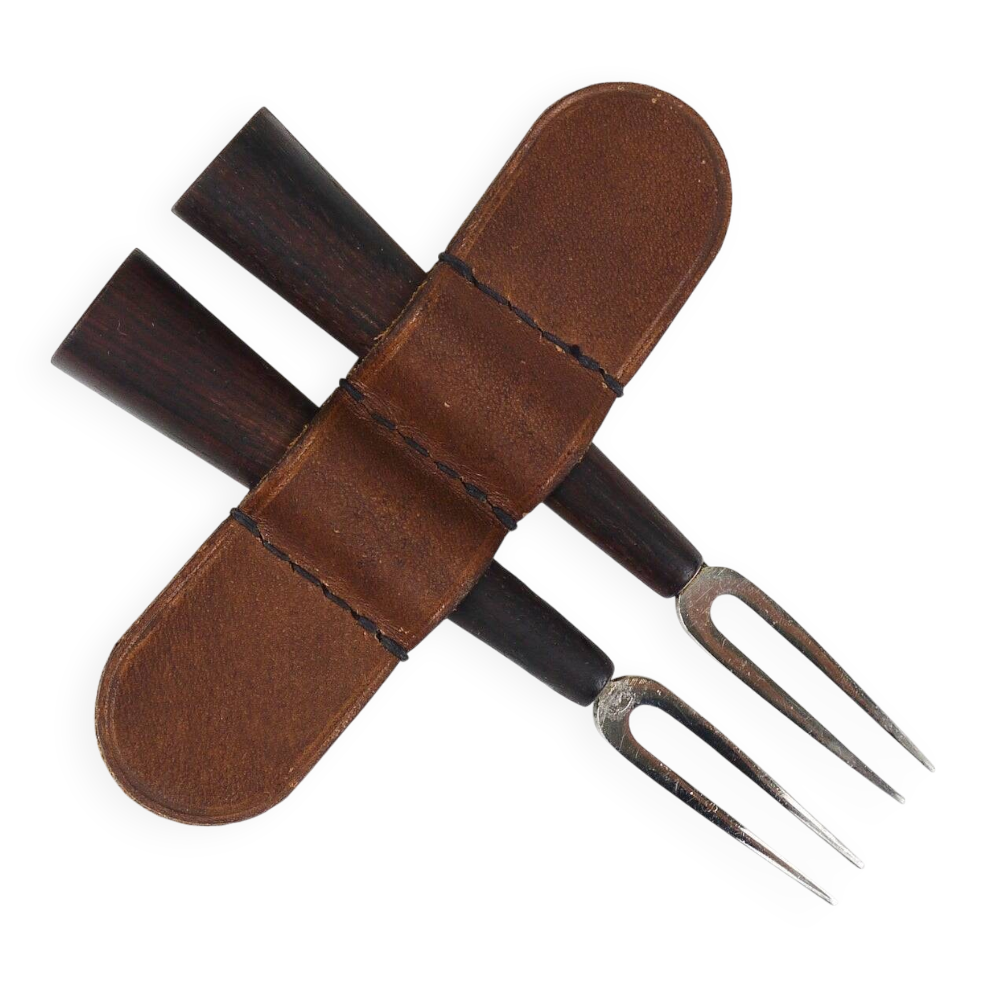 Carl Aubock Forks, Brass, Leather Holder, Corn Cob Skewers, Vienna, 1930s
