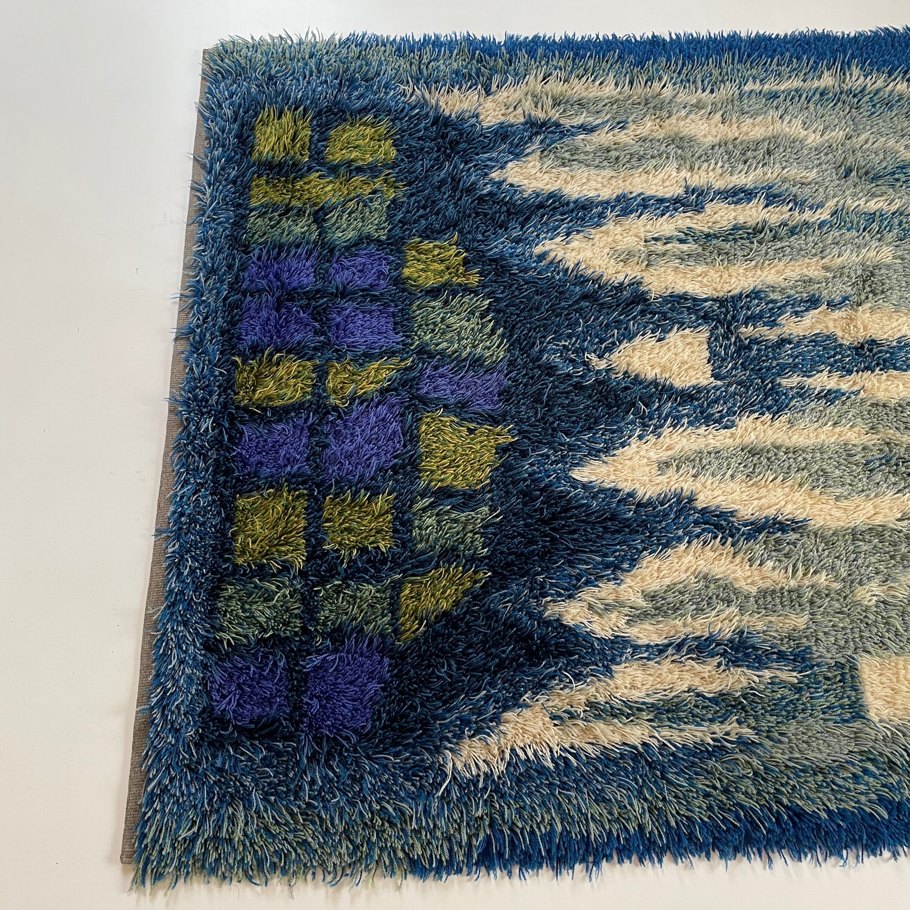 Abstract Scandinavian Multicolor High Pile Rya Rug Carpet, Sweden, 1960s