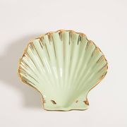 Vintage decorative plate in wood and ceramic with green shells, France, 1960s.
