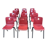 Set of 12 Galvanitas S30 raspberry red and grey steel chairs from the 70s