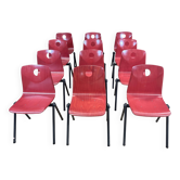 Lot de 12 chaises Galvanitas S30 rouge framboise et acier gris années 70