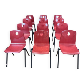 Lot de 12 chaises Galvanitas S30 rouge framboise et acier gris années 70
