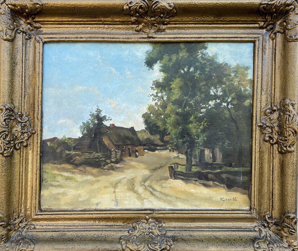 Paysage alpin avec village de montagne, Début du XXe siècle, Huile sur carton, Encadré