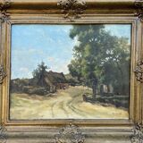 Paysage alpin avec village de montagne, Début du XXe siècle, Huile sur carton, Encadré