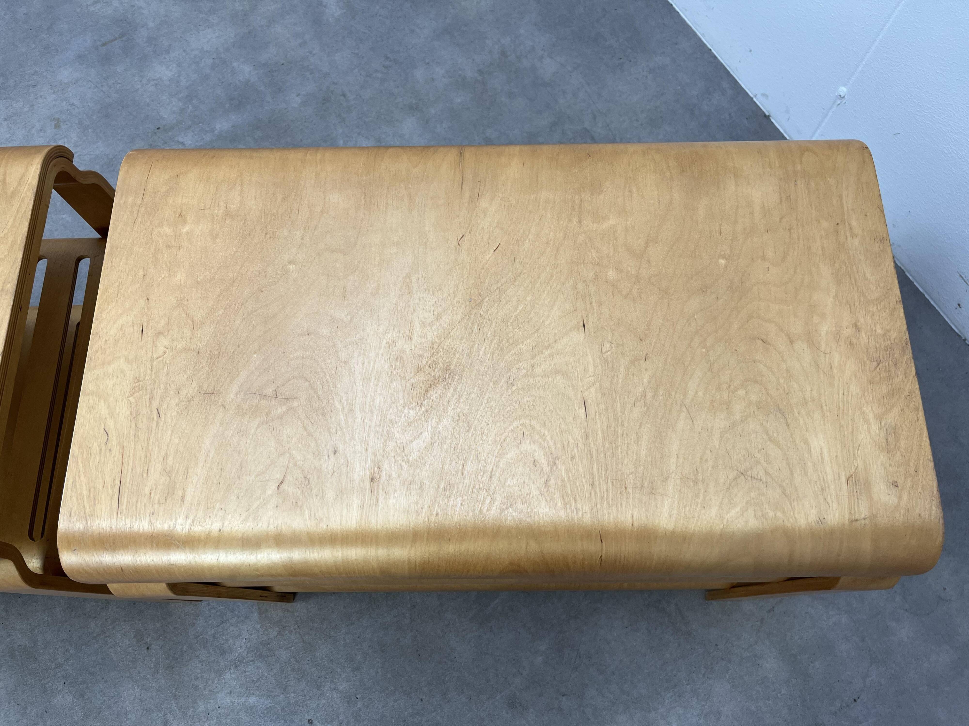 Pair of curved wooden entrance benches 1980