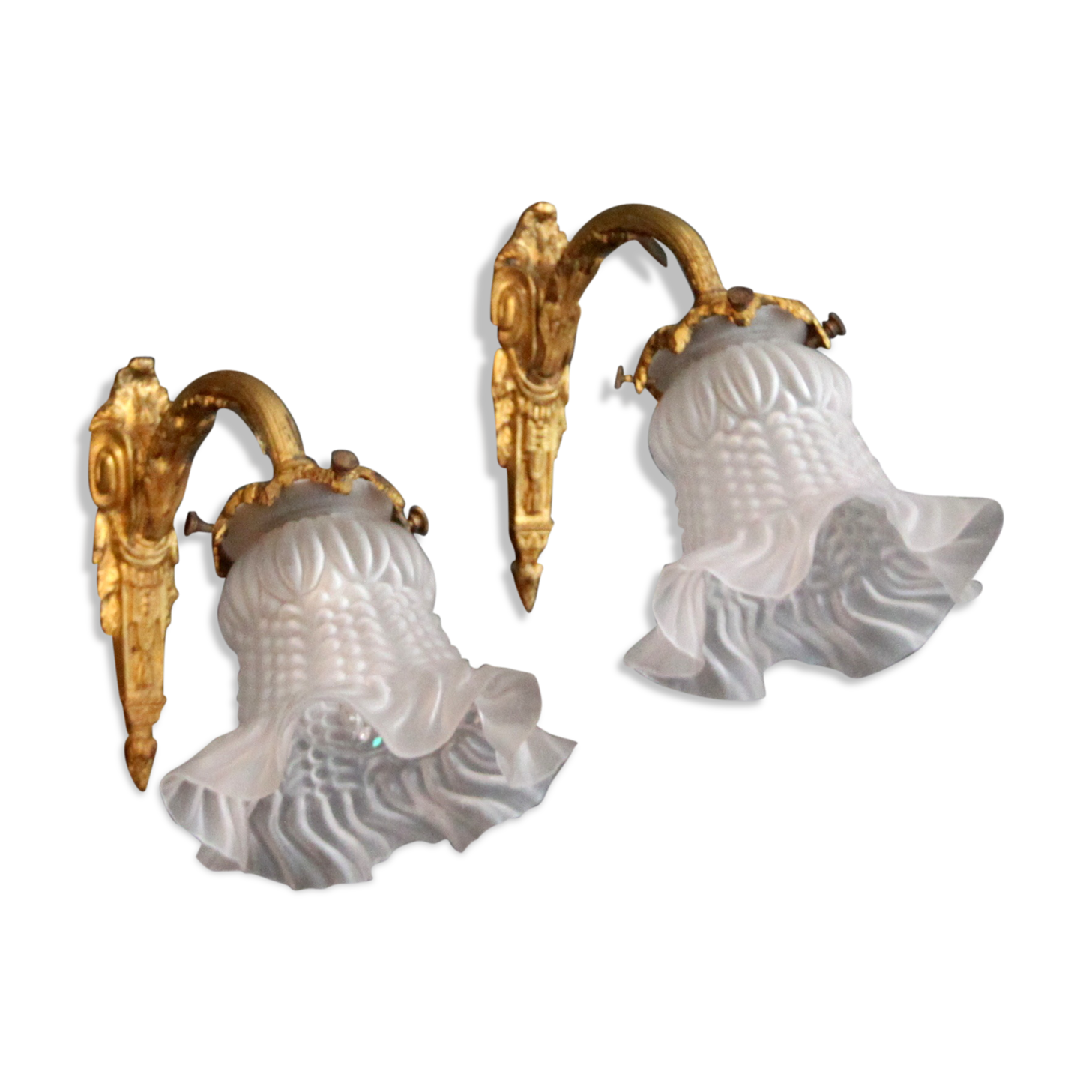 Paire d'appliques murales en laiton tulipe ancienne en verre vintage