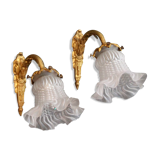 Paire d'appliques murales en laiton tulipe ancienne en verre vintage