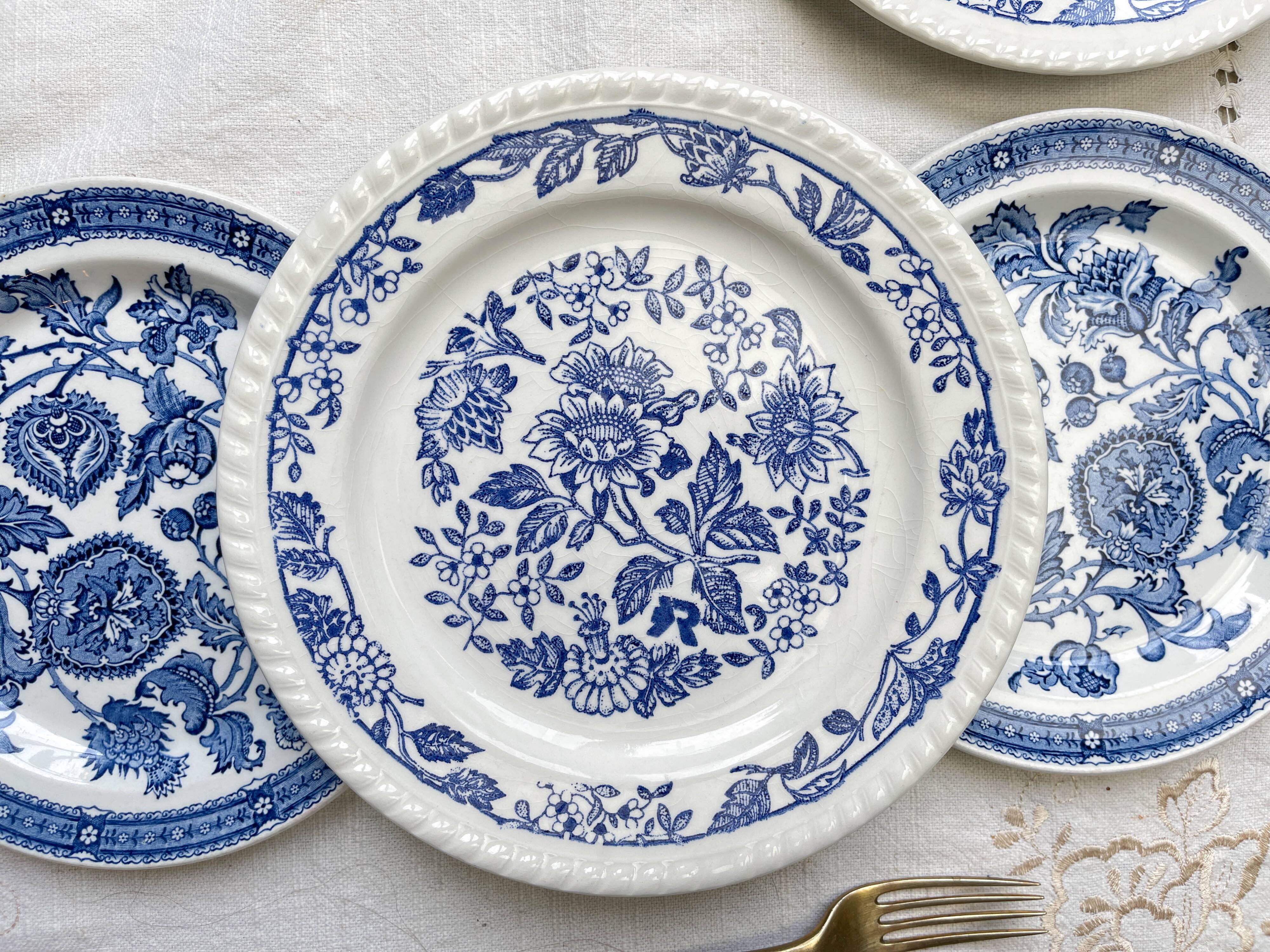 6 Vintage White Porcelain Plates with Gold Trim + 6 Small Mismatched Blue Jacobean Plates