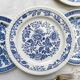 6 Vintage White Porcelain Plates with Gold Trim + 6 Small Mismatched Blue Jacobean Plates