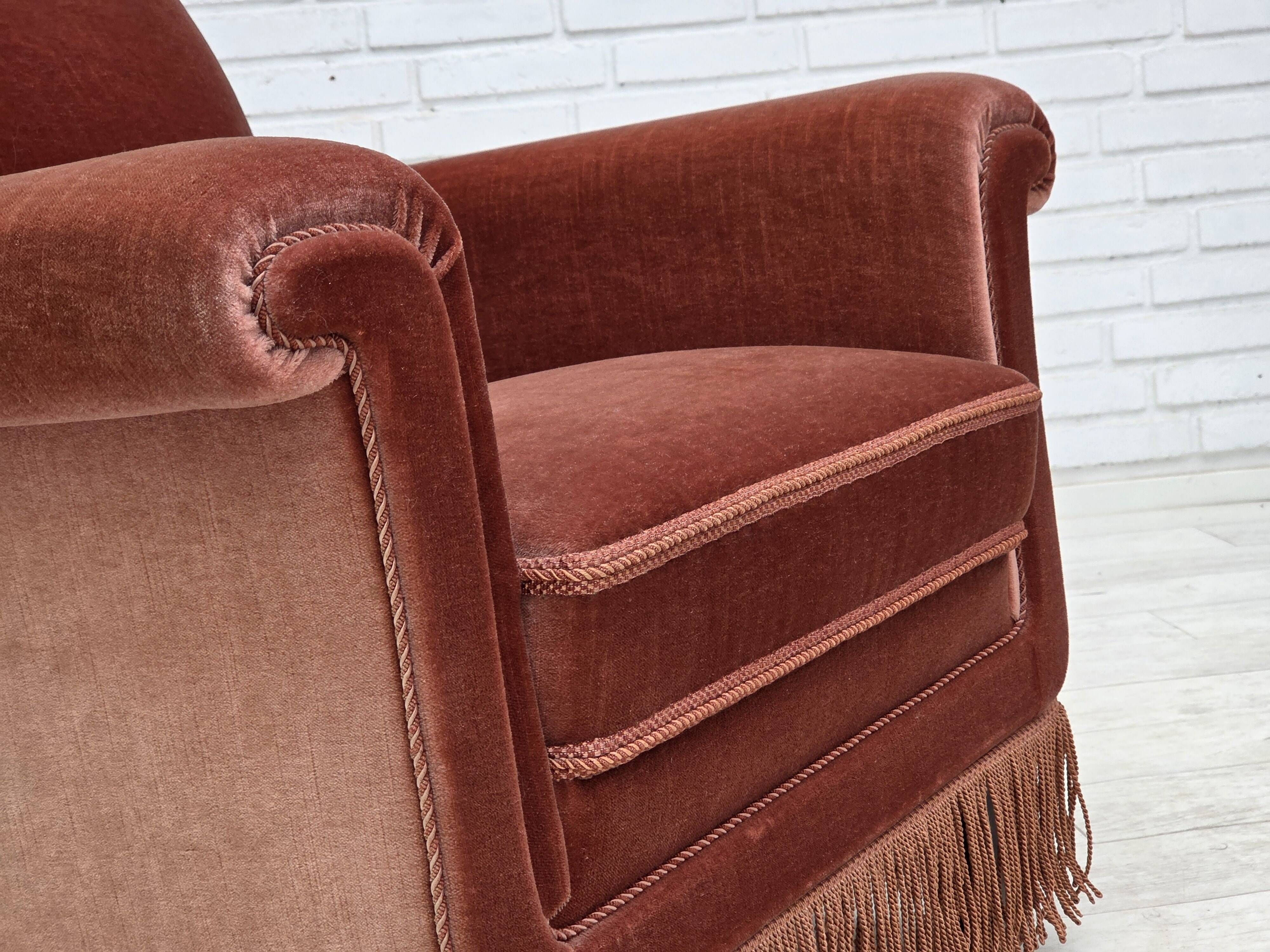 1970s, Danish armchair, salmon pink furniture velour, beech wood.