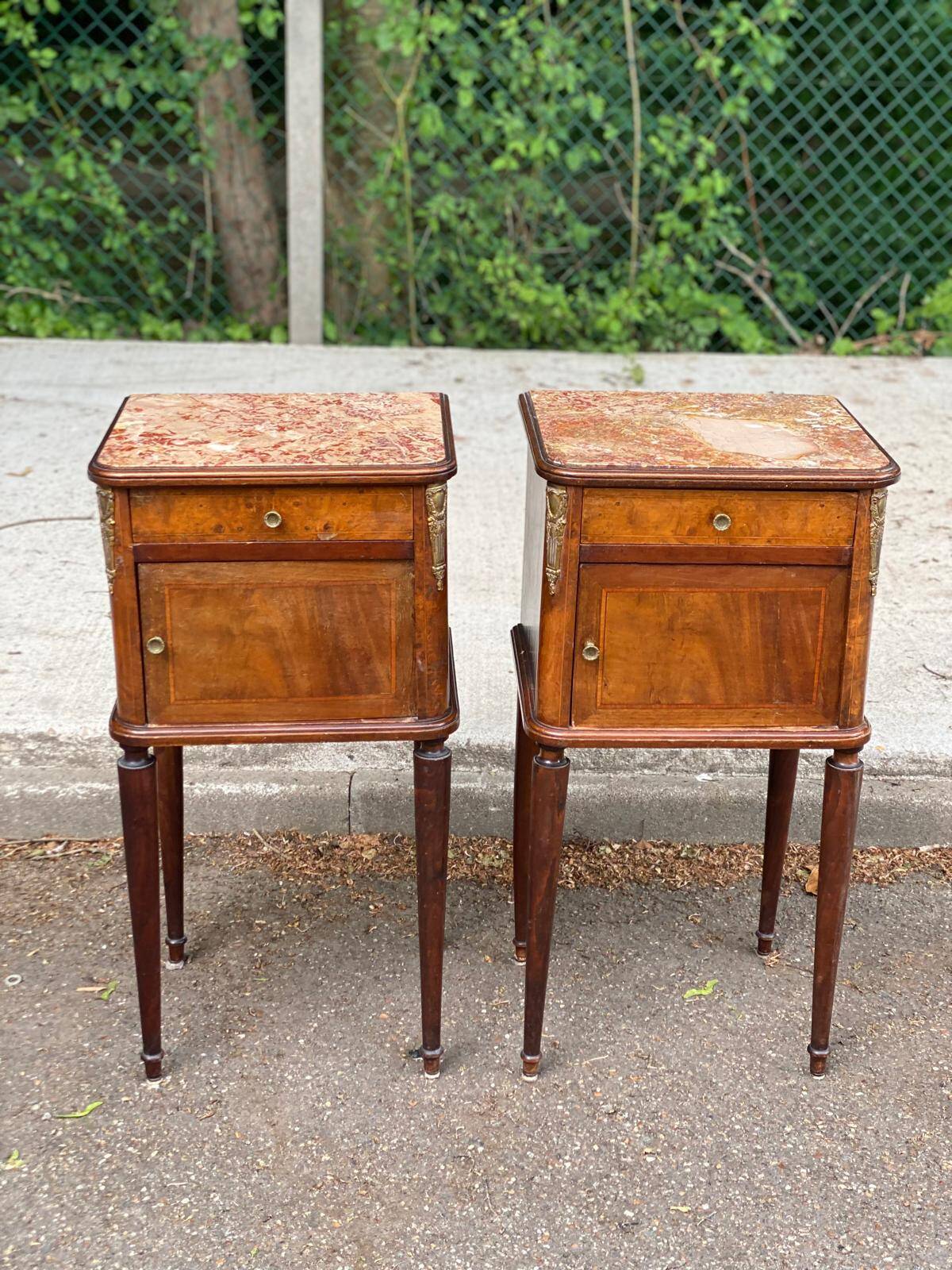 Pair of Louis XV bedside tables, 19th century, marquetry and pink marble