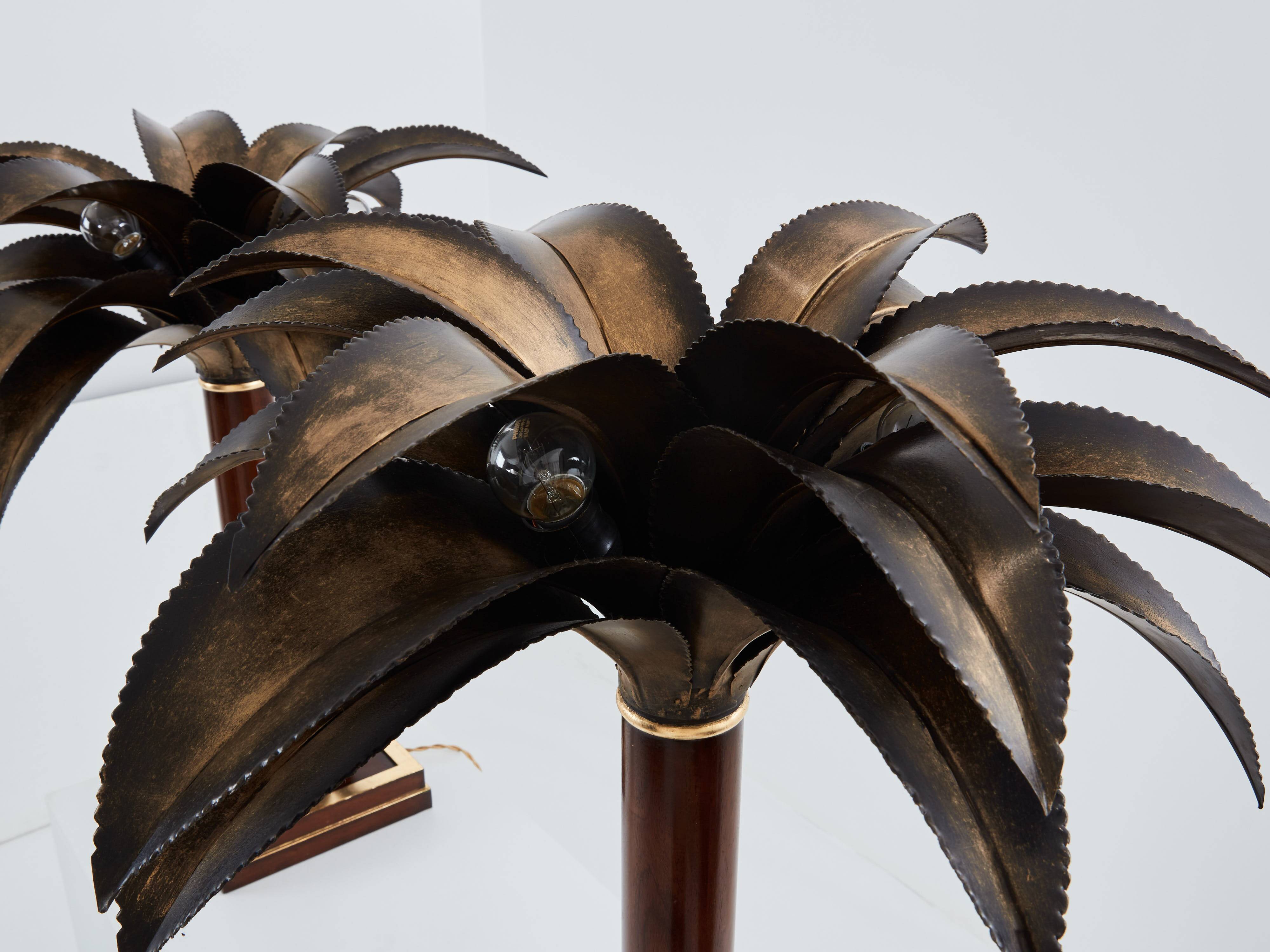 Maison Jansen style pair of bronze mahogany palm tree lamps 1960s