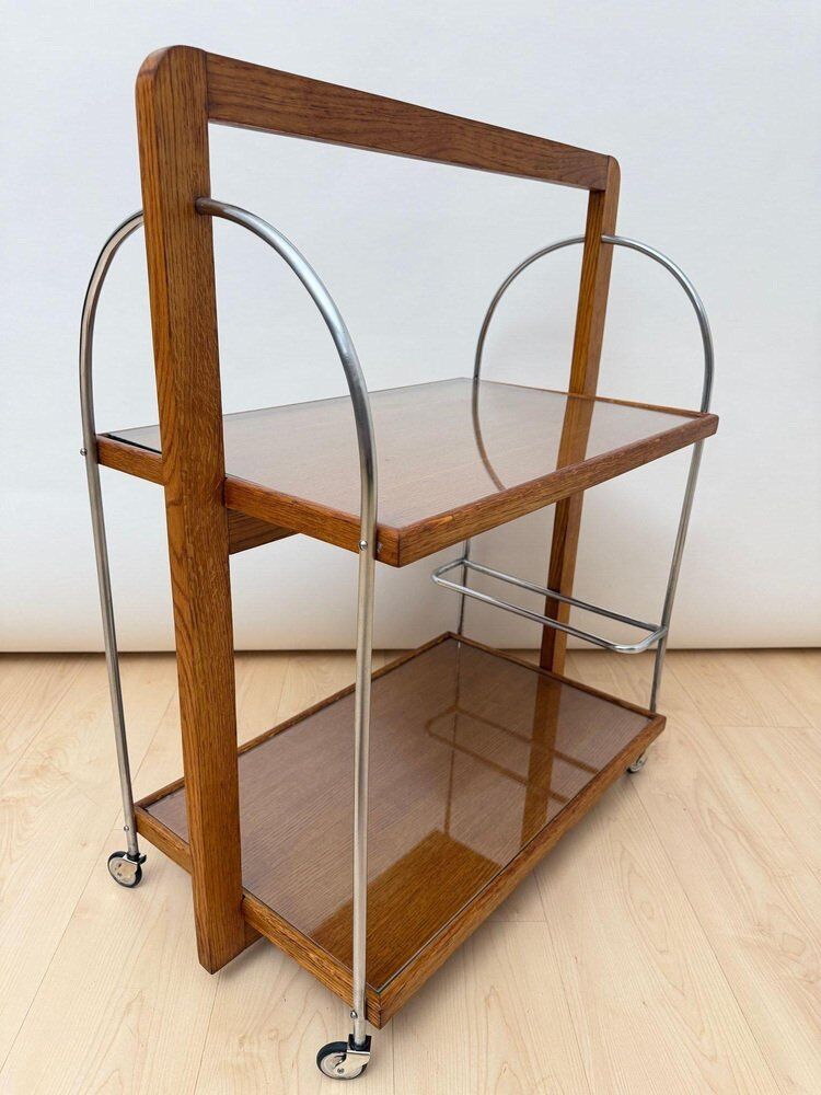 Chariot de service Art Déco en chêne, chrome et verre, France, 1930