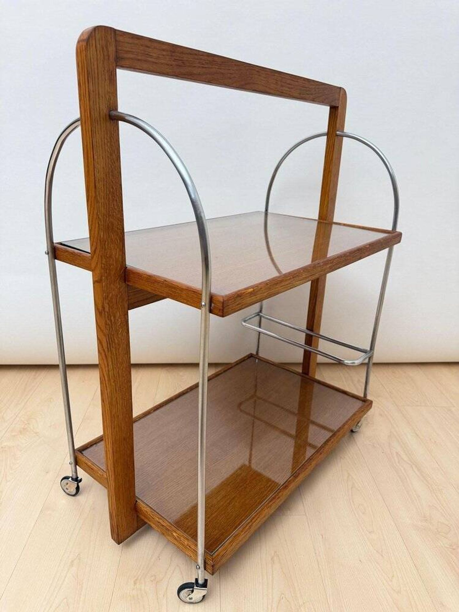 Art Deco serving trolley in oak, chrome & glass, France, 1930