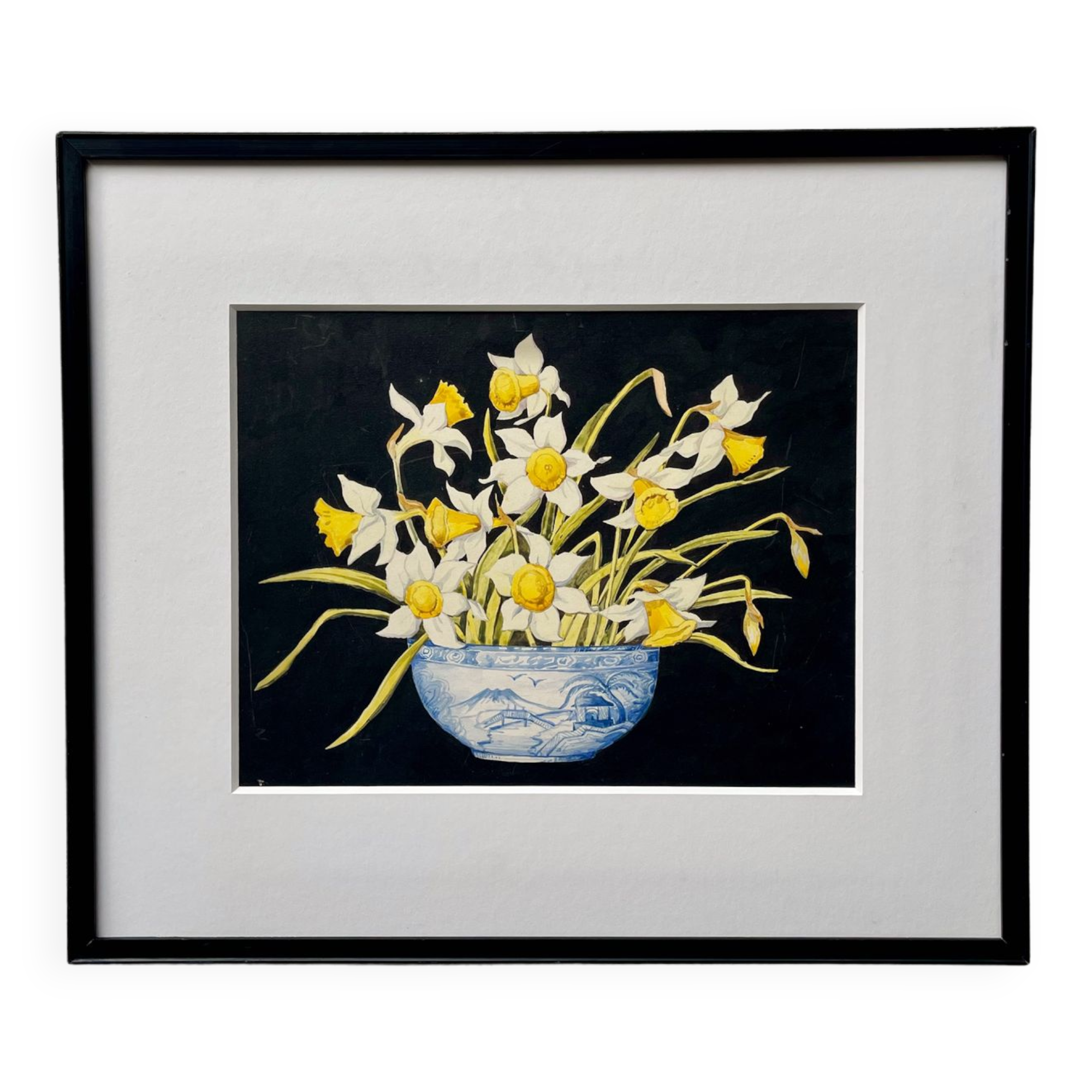 Early 20th Century Still Life Painting of Daffodils Black Frame