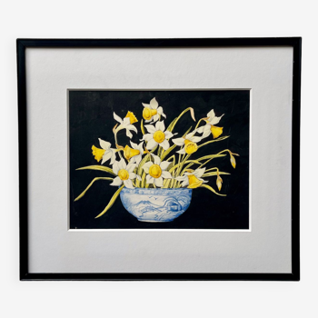 Early 20th Century Still Life Painting of Daffodils Black Frame