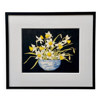 Early 20th Century Still Life Painting of Daffodils Black Frame