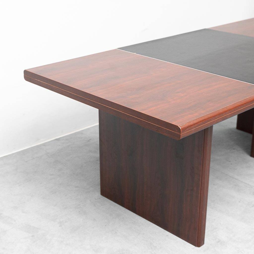 Vintage wooden desk with black faux leather insert – 1970s modernist design