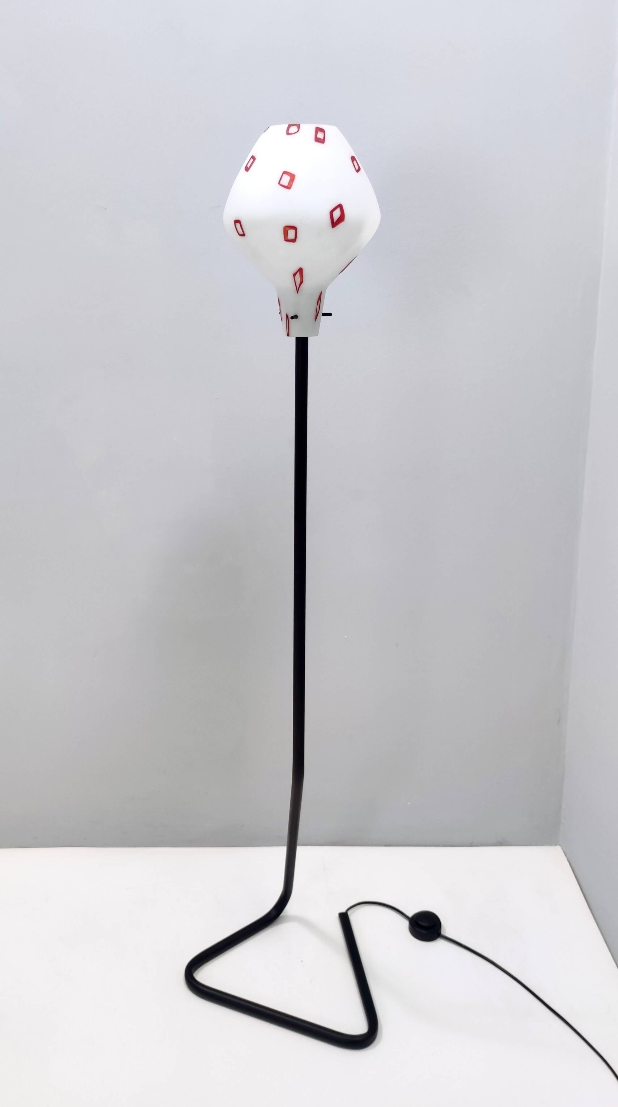Floor Lamp with Vintage Encased Glass Shade with Red Geometrical Motifs, Italy