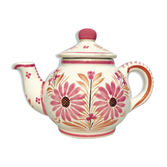 Ceramic teapot decorated with pink flowers - quimper bretagne