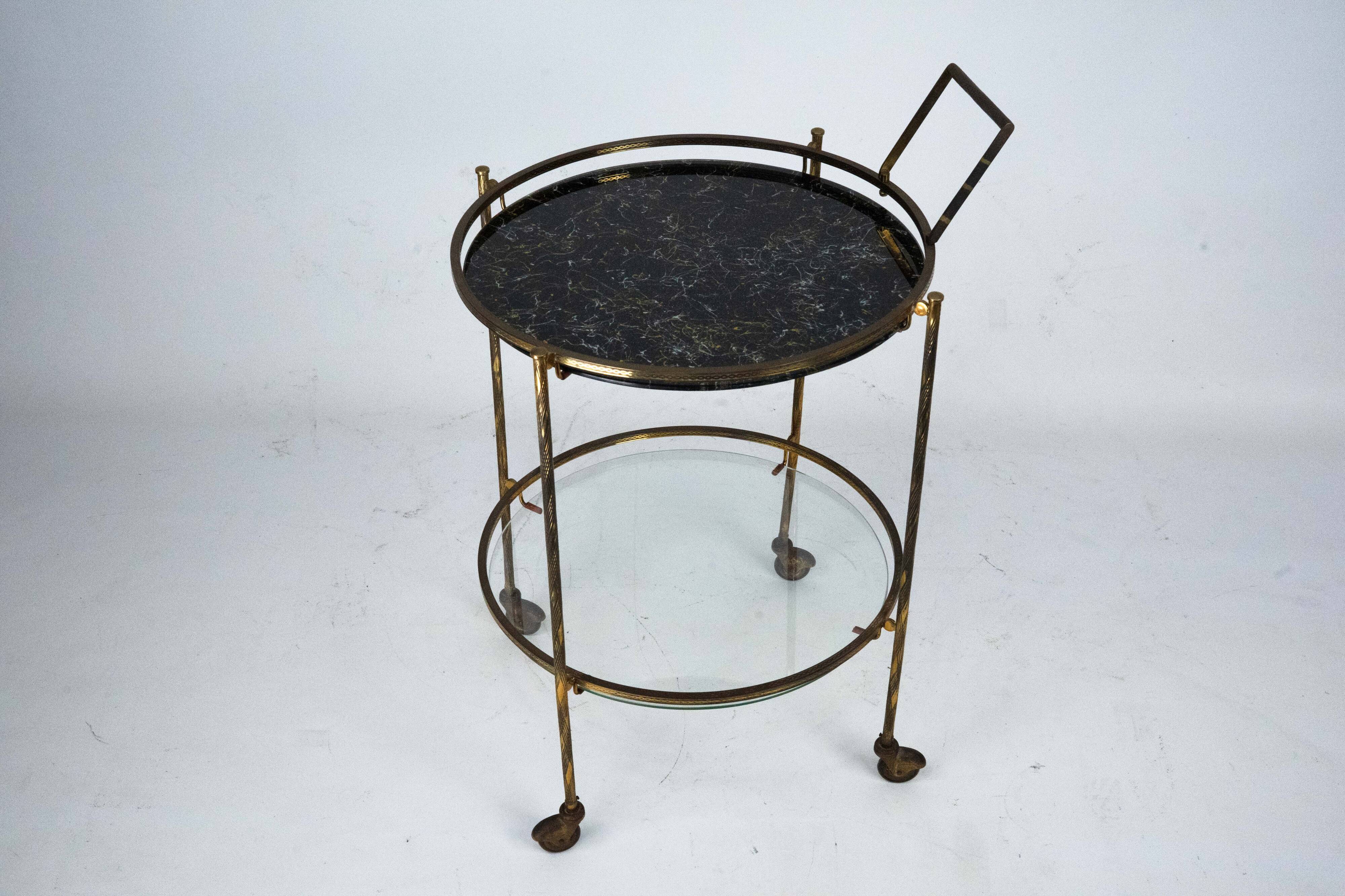 Round Mid-Century Brass and Marble-Effect Glass Bar Cart. Italy 1950s