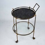 Round Mid-Century Brass and Marble-Effect Glass Bar Cart. Italy 1950s