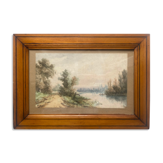 Watercolor "Lake landscape" signed Ernest Ista (XIX °) + pitchpin frame