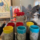Set of 6 cups with pitcher ceramic rock art from Vallauris