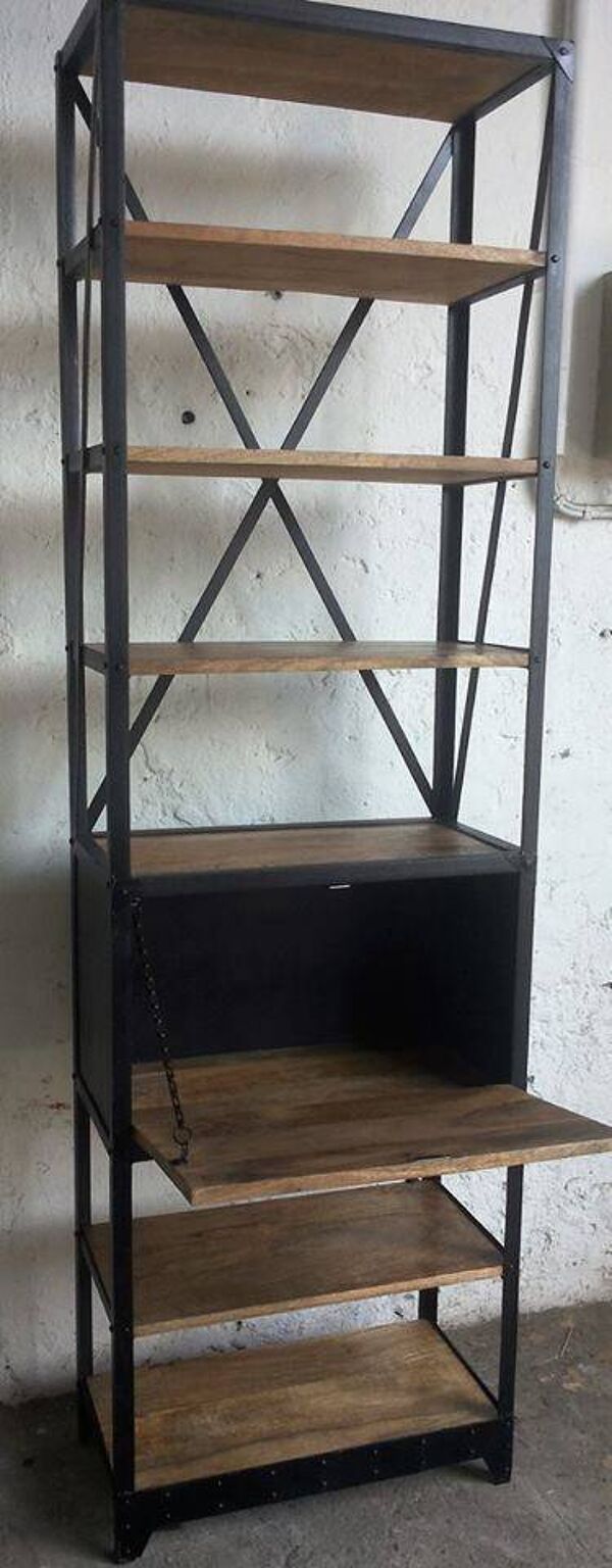Etagère indus bois exotique massif de manguier métal riveté