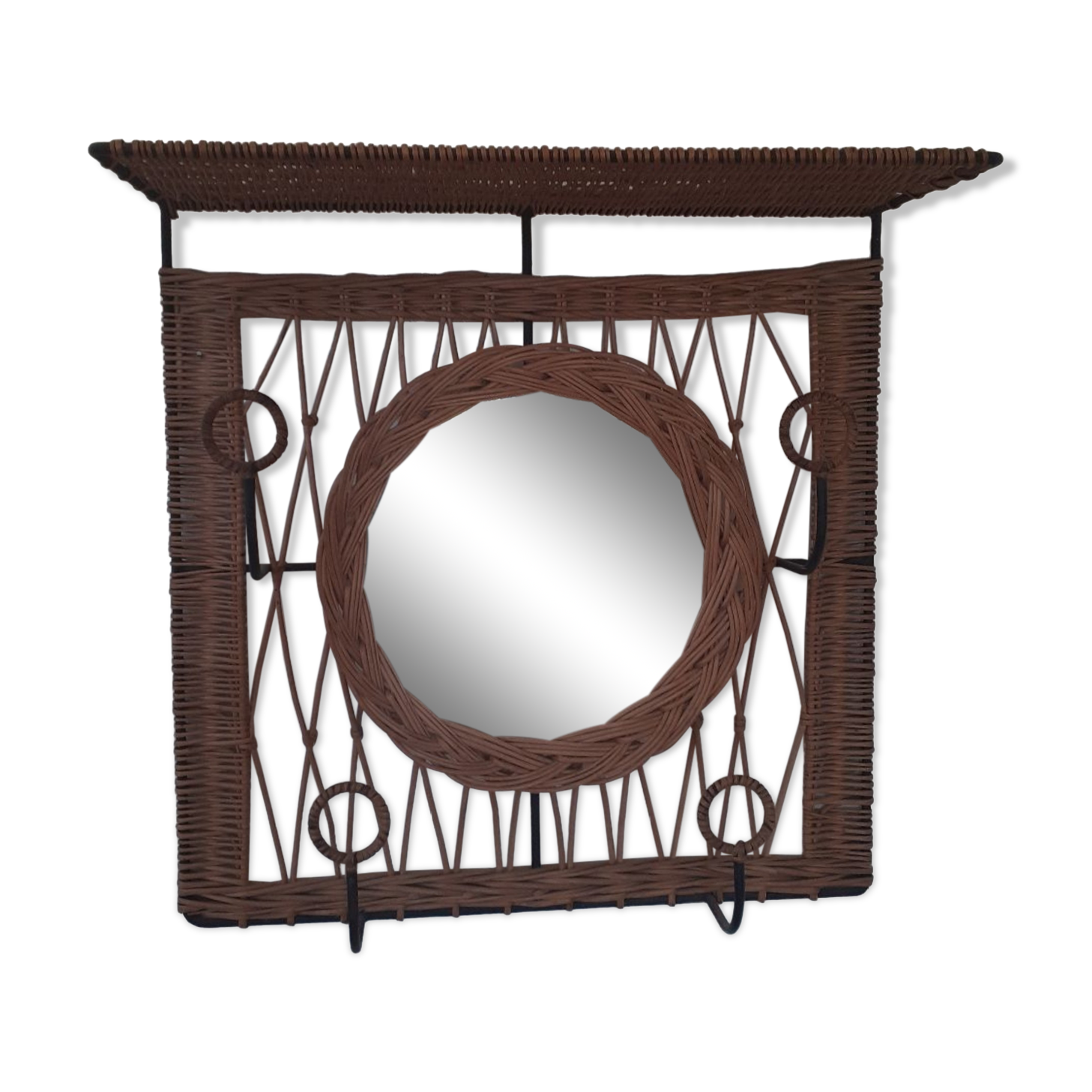 Rattan wall-mounted coat rack with mirror