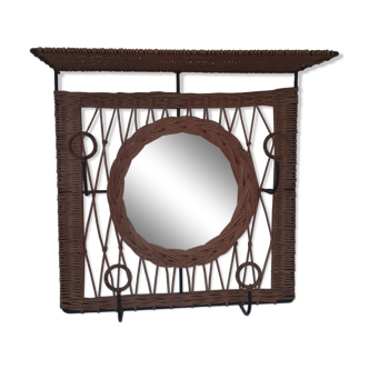 Rattan wall-mounted coat rack with mirror
