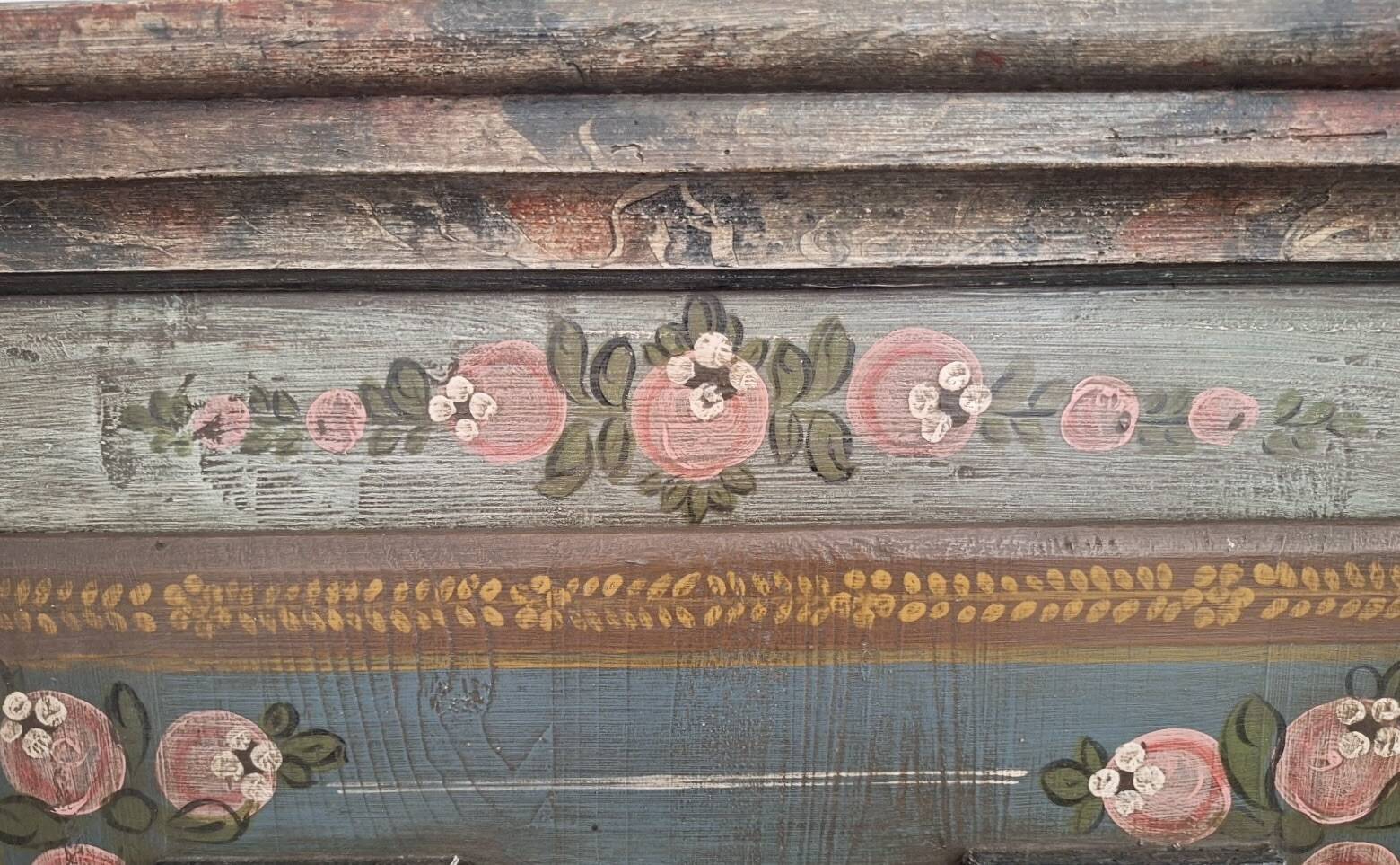 Antique blue hand-painted small Alpine wardrobe, circa 1810-20
