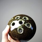 Brown and green glazed stoneware flower holder, vintage craftsmanship from the 1970s-1980s.