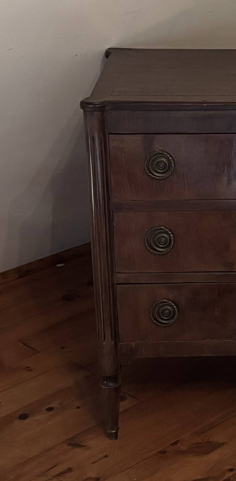 Commode ancienne 3 tiroirs style Empire/Restauration Poignées bronze cordée