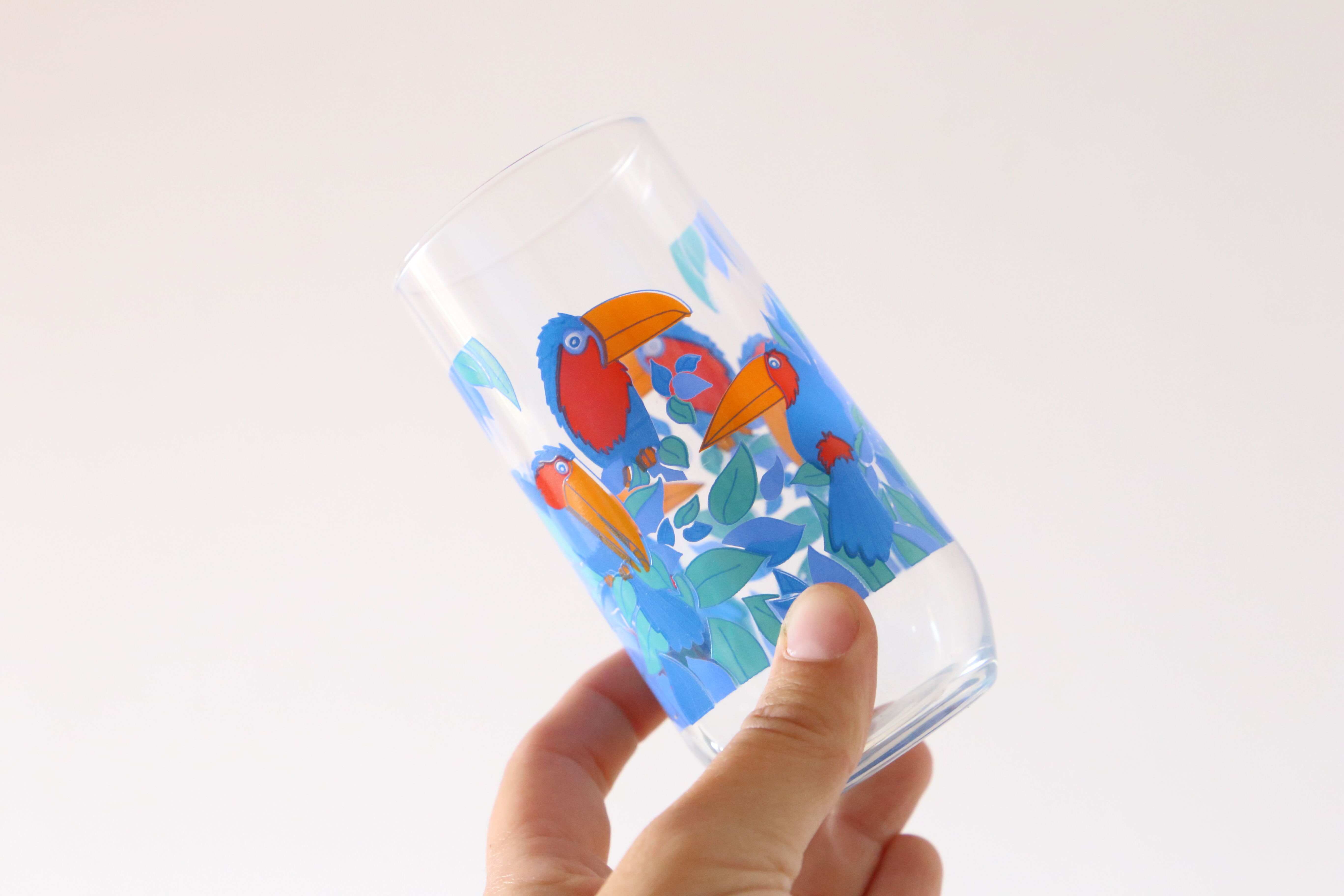 Set of 5 water glasses, bird decorations, 70s/80s, vintage