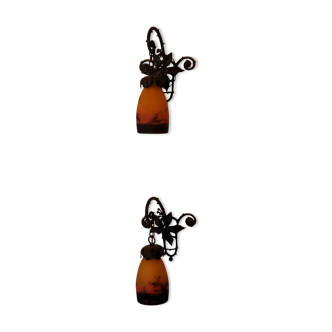 Pair of wall lamps Muller brothers wrought iron and orange marmoreen glass, 20s / 30s