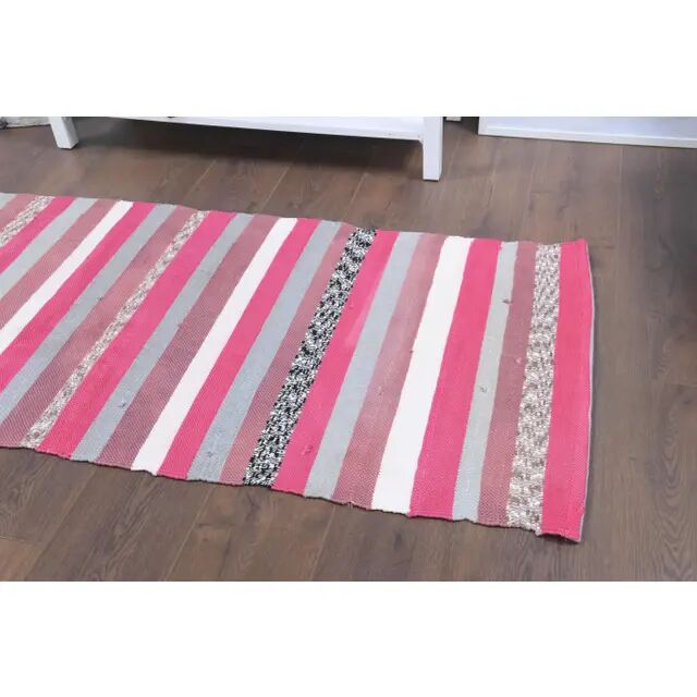 Vintage Turkish Hand-Knotted Wool Cotton Pink Kilim Runner Rug 72x172