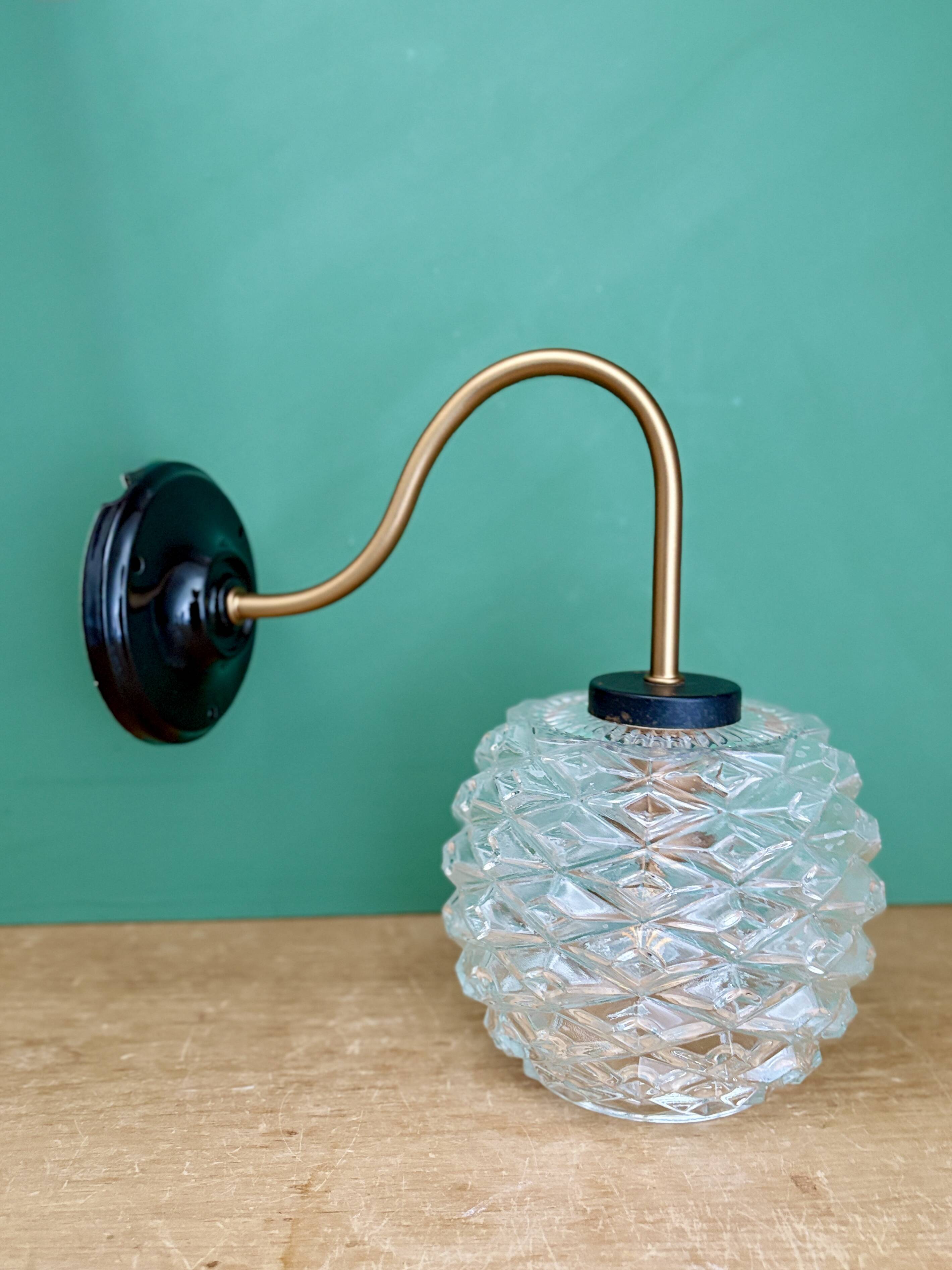 Swan neck vintage globe wall light in moulded glass