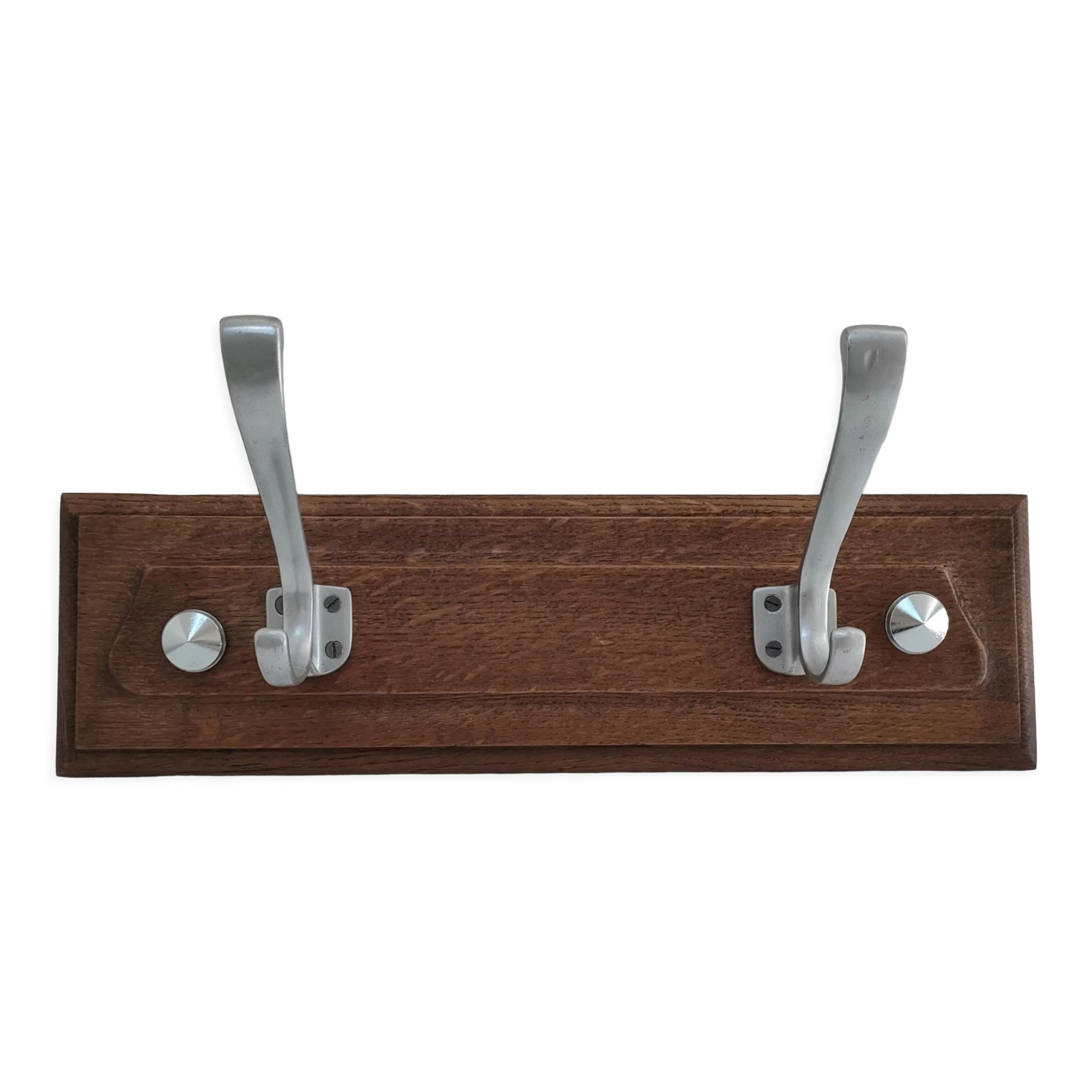 Patinated solid oak coat rack and vintage aluminum hooks