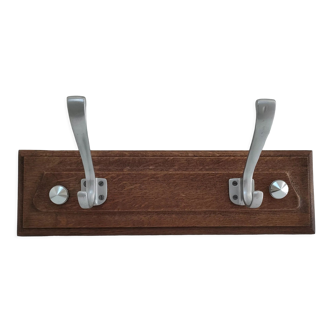 Patinated solid oak coat rack and vintage aluminum hooks