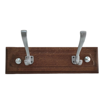 Patinated solid oak coat rack and vintage aluminum hooks