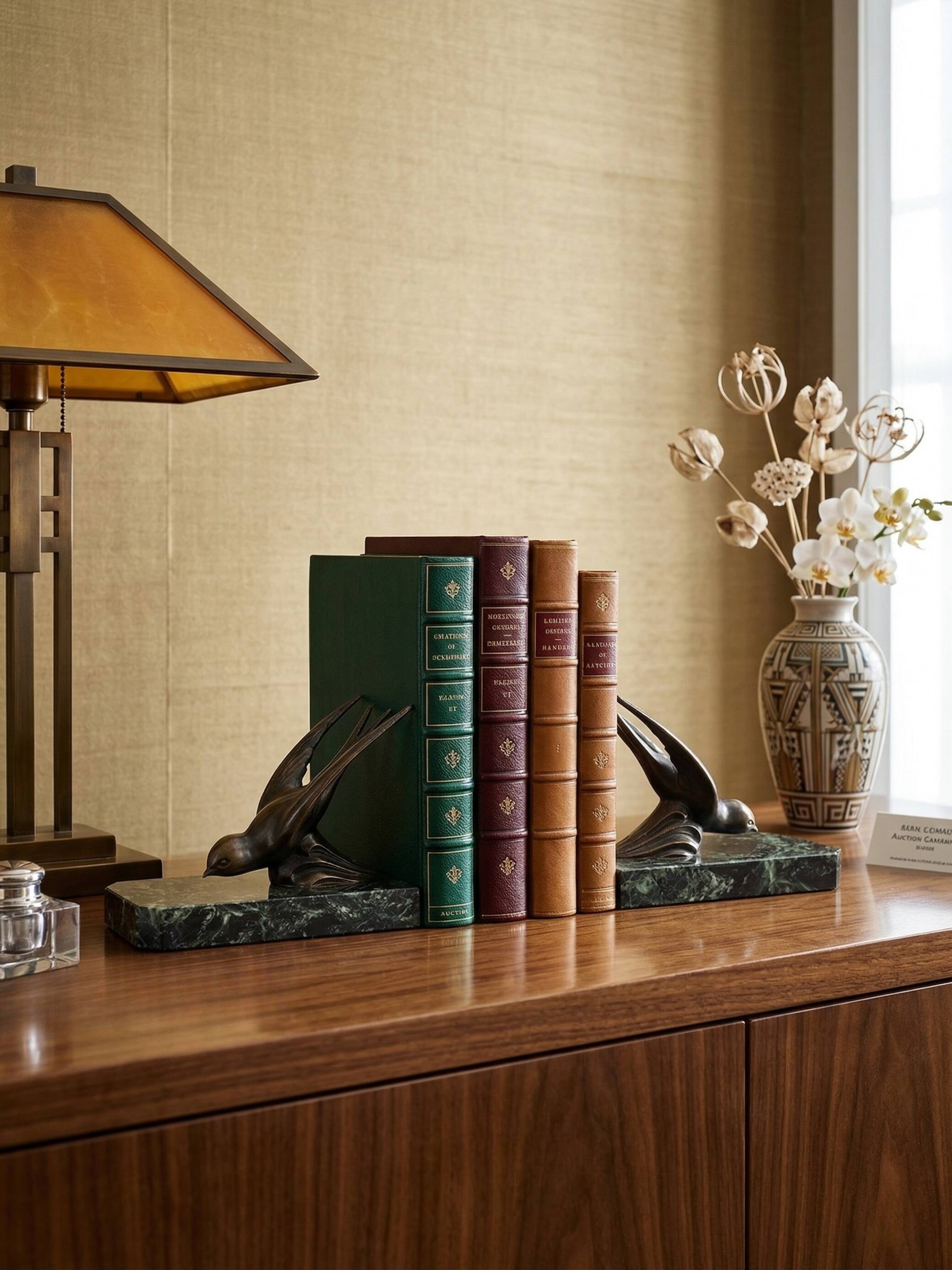 Art Deco bookends – Patinated swallow design in spelter - Green marble
