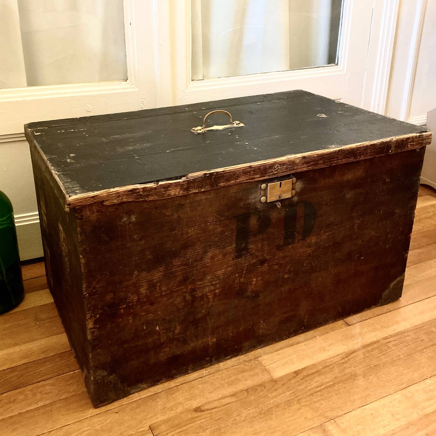 Old wooden trunk chest, vintage flat top