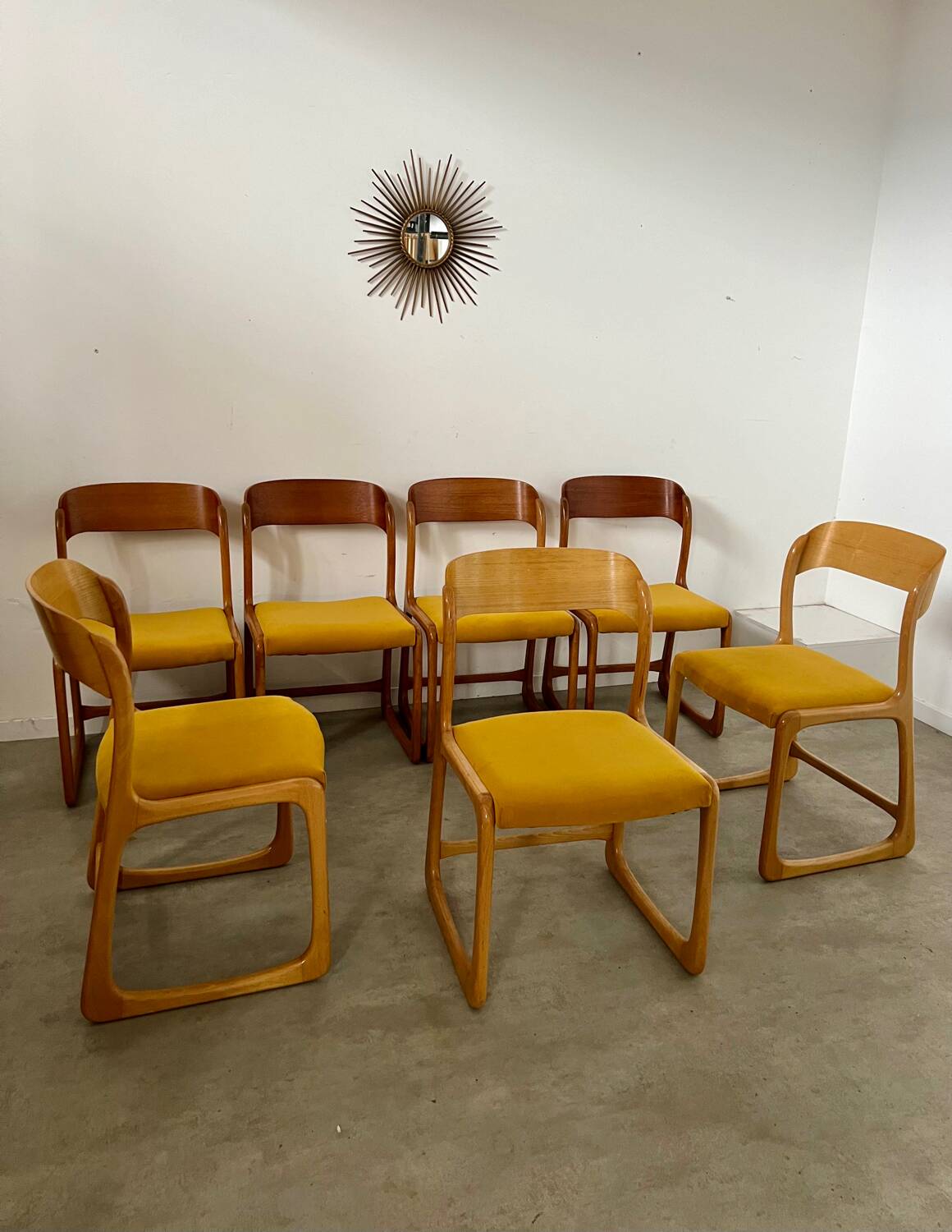 Set of 7 Baumann sled chairs in wood and mustard yellow fabric, 1960s