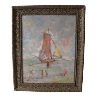 Ancienne peinture sur toile tableau voilier français bord de mer signé JP Gilbert 69