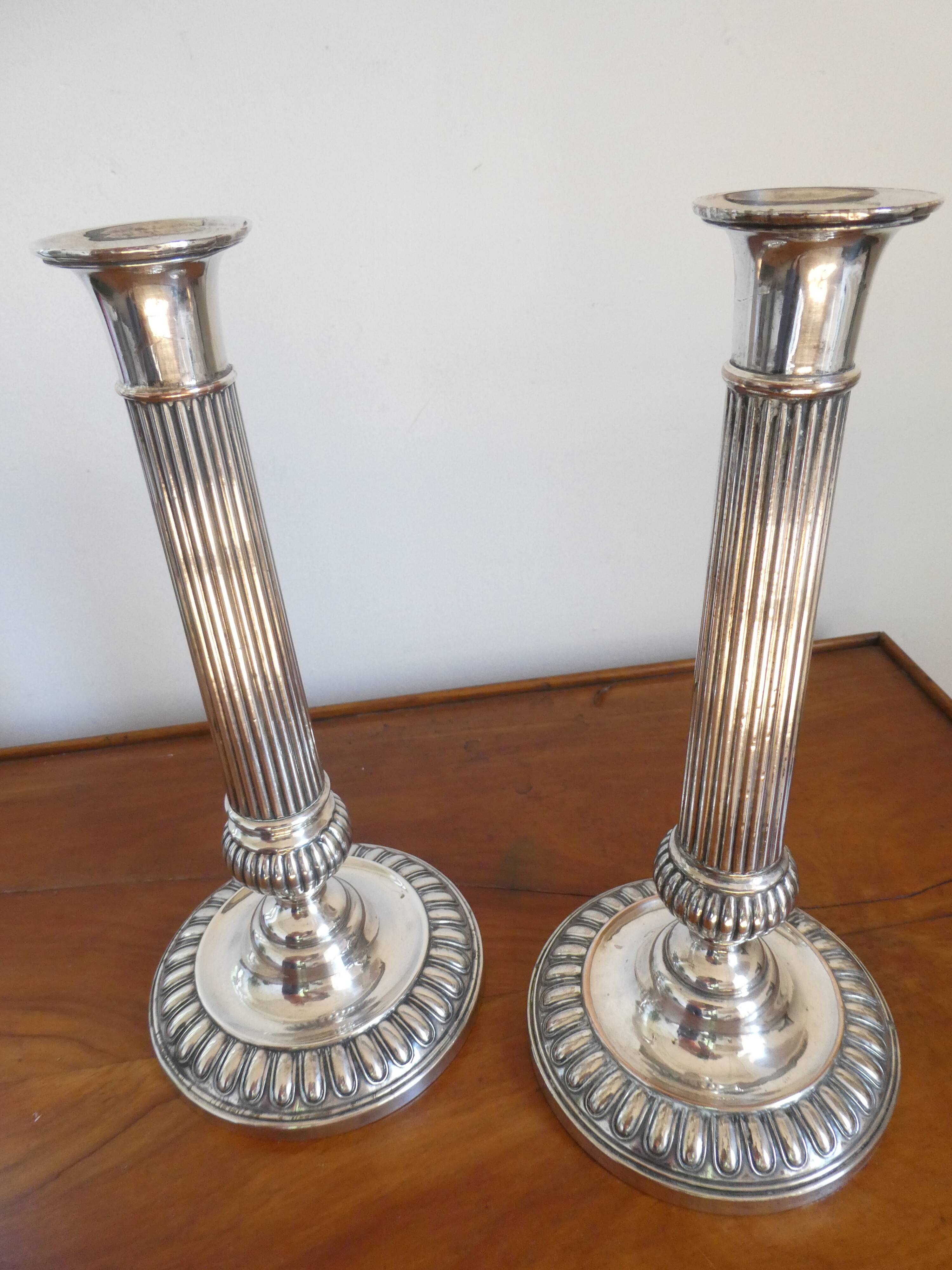 Antique pair of 19th century silver-plated metal candlesticks, 27 cm